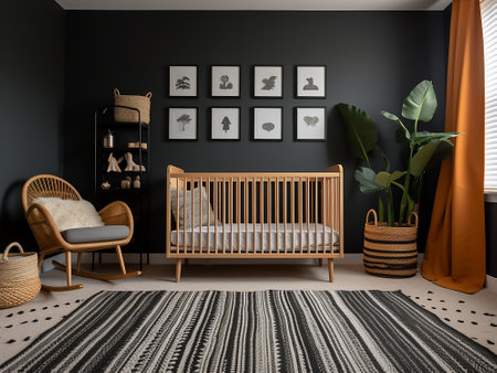 Interior of modern baby room with black walls, carpet and wooden crib. 3d renderの写真素材