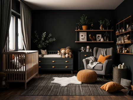 Interior of children's room with gray armchair and wooden furniture. 3d renderの写真素材
