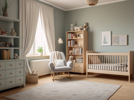 Baby room interior with crib and armchair. 3d render.の写真素材