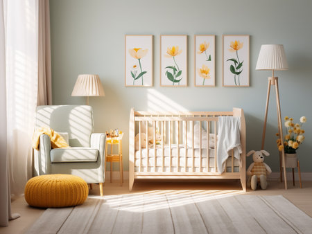 3D Illustration of a childrens room interior with a cribの写真素材