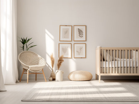 Interior of child room with white walls, wooden crib and comfortable armchair. 3d renderの写真素材