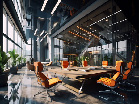 Interior of modern office with glass walls, concrete floor, rows of computer tables and orange armchairs. 3d renderingの写真素材