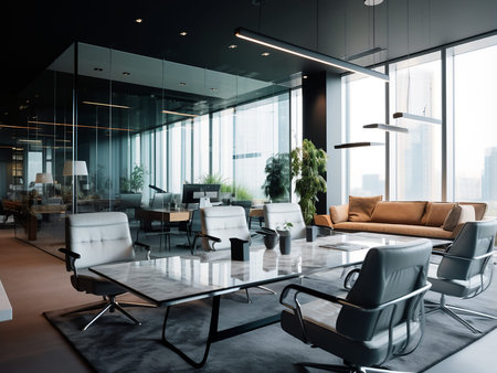 Luxury office lobby interior with black glass walls, concrete floor, rows of black armchairs and...