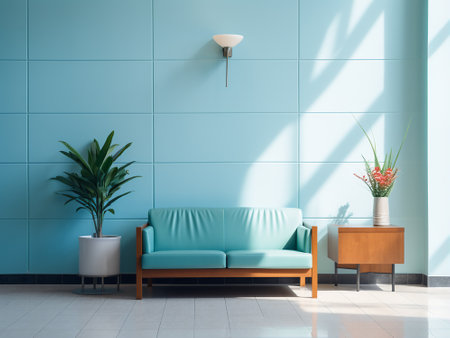 Interior of modern living room with blue wall, sofa and plantの写真素材