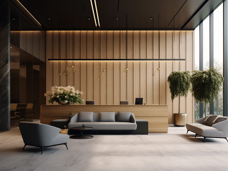 Interior of modern living room with wooden walls, concrete floor, comfortable sofa and coffee table....