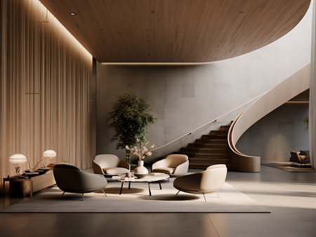 Interior of modern lobby office with white walls, concrete floor, comfortable beige armchairs and...