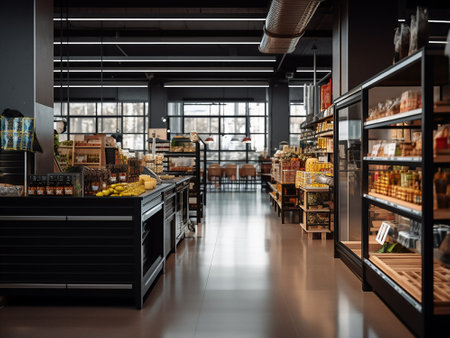 Interior of a grocery store with shelves full of food products.の写真素材