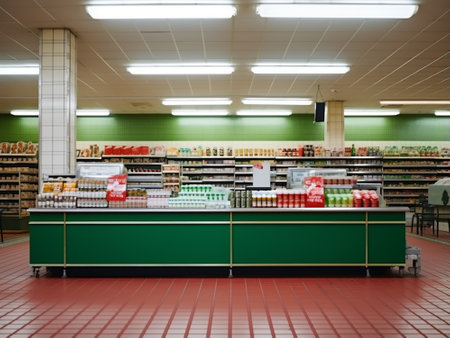Interior of a supermarket with shelves full of food products and shelvesの写真素材