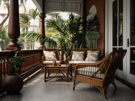 Interior of a terrace with wicker furniture and tropical plantsの写真素材