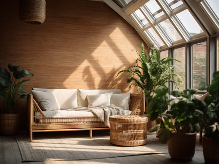 Interior of modern living room with wooden walls, carpet on the floor, rattan sofa and decorative plants.の写真素材