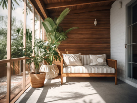 Interior of a wooden house with a terrace, sofa and plantsの写真素材