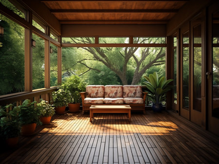 Wooden terrace with a view of the garden. 3d renderingの写真素材