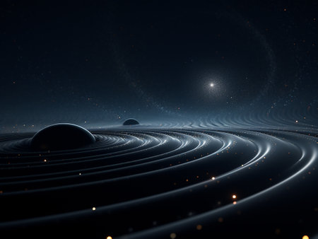 3d render of abstract space background with planets and stars in spaceの写真素材