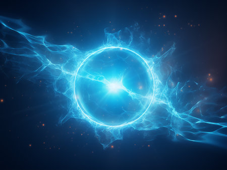 Blue electric lightning with circle on dark background. 3D Renderingの写真素材