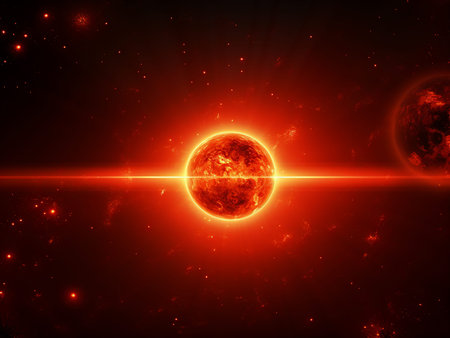 Red planet with sun on a dark background. Fantasy fractal texture. Digital art. 3D rendering.