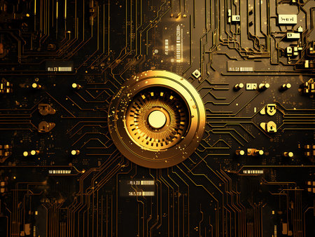 Close-up view of circuit board. Data security concept. 3d rendering