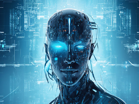 3d rendering of female cyborg with circuit board in the backgroundの写真素材