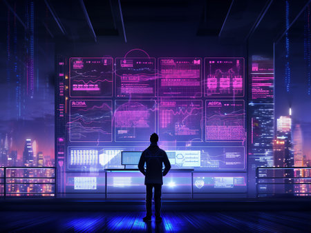 Back view of businessman looking at virtual panel with infographs on wallの写真素材