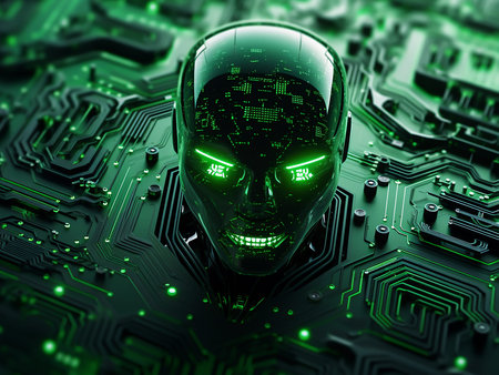 3d illustration of futuristic green robot on computer circuit board background.