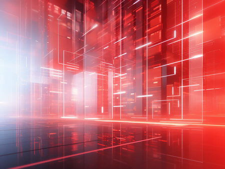 Abstract red technology background with glowing lines. 3D Rendering.