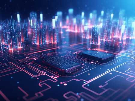 Circuit board with microchips and electronic components. 3d rendering