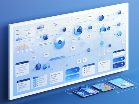 Highly rendering of a website template with social media icons on blue backgroundの写真素材