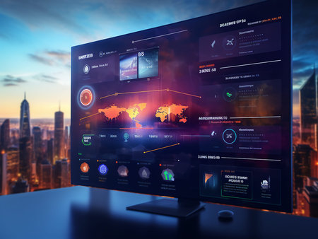 Modern black computer monitor with digital business interface. 3D Rendering