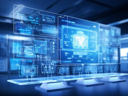 Digital composite of Interface with hologram against blue server room 3d