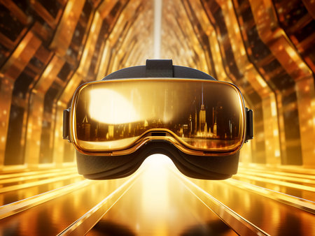 Futuristic virtual reality goggles on golden background. 3d rendering