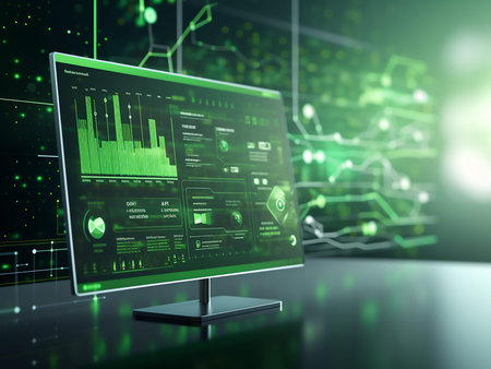 3d rendering of monitor with financial chart on screen over green backgroundの写真素材