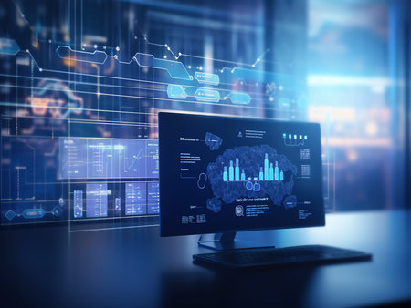 Computer screen with business charts and graphs on it. 3d rendering