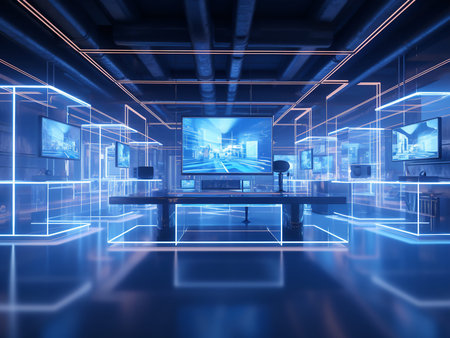Interior of a modern office with blue and white lighting 3D rendering