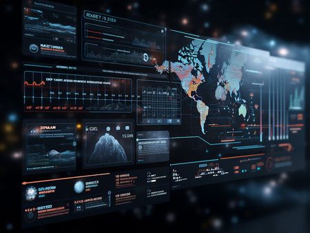 Futuristic user interface with world map on the screen. 3d rendering