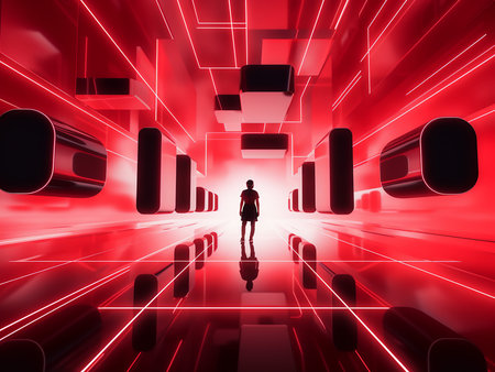 3d rendering of a woman standing in a futuristic hallway with red lights
