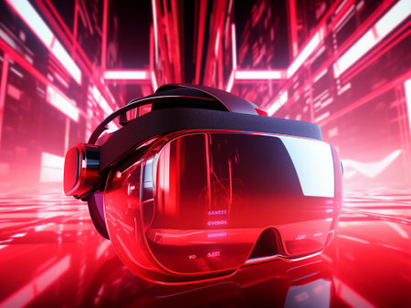 3d rendering of virtual reality glasses on dark background with red lightの写真素材