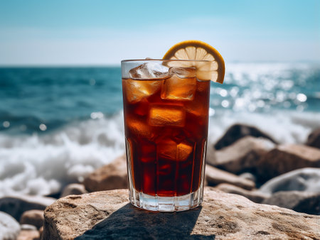 Cuba libre cocktail with ice and lemon on the rocks near the seaの写真素材