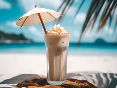 Iced coffee with whipped cream on a white sand beach in Thailandの写真素材