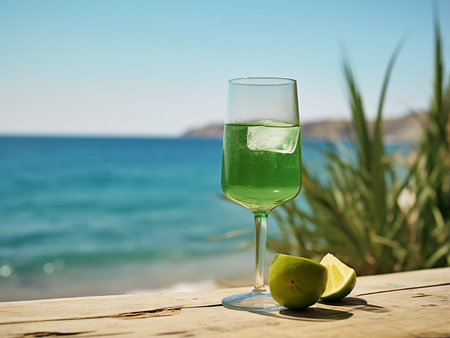 Refreshing summer drink with lime on the beach, shallow depth of field