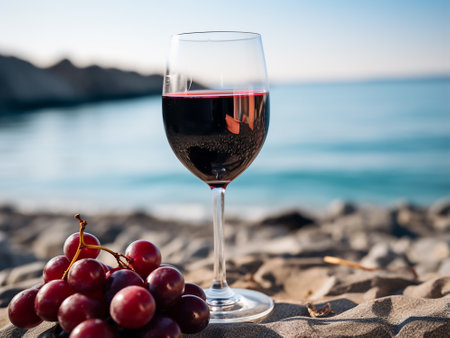 Glass of red wine and grapes on the beach near the sea.の写真素材