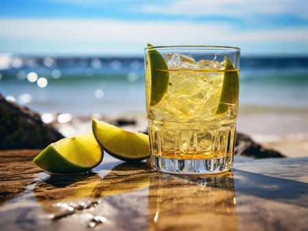 Glass of whiskey with ice cubes and lime slices on the beach.の写真素材