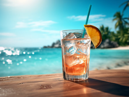 Tropical cocktail on the background of the sea and palm treesの写真素材