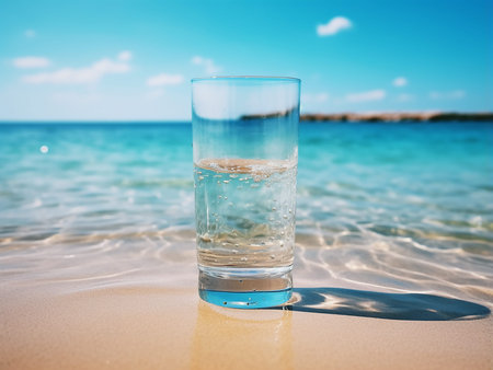 Glass of clean water on the beach with blue sky and sea background