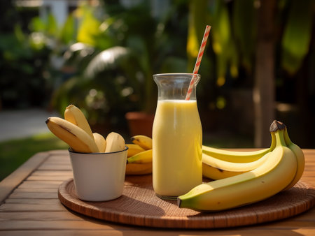 Banana smoothie in a glass and fresh bananas on wooden tableの写真素材