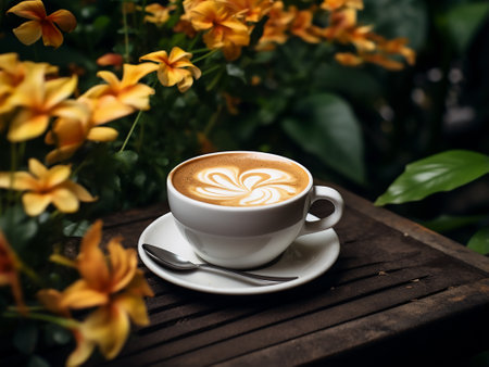 Coffee cup with beautiful latte art on wooden table.の写真素材