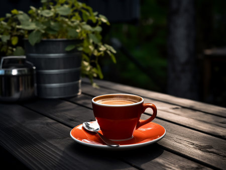 Coffee cup on a wooden table in the garden. Selective focus.の写真素材