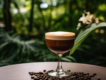 Coffee latte in glass with coffee beans on wooden tableの写真素材