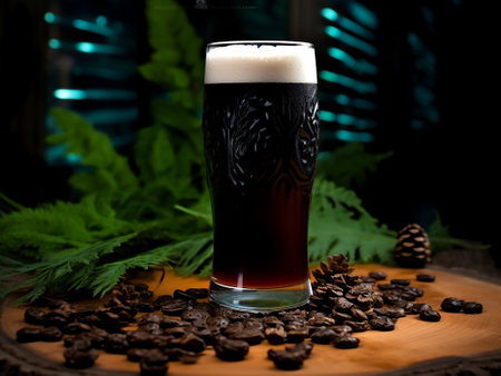 A glass of dark beer on a wooden table with coffee beans.の写真素材