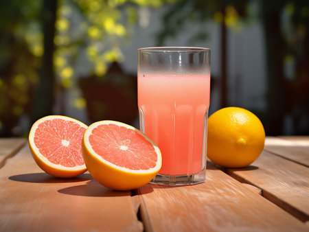 Grapefruit juice in a glass and fresh grapefruits on a wooden tableの写真素材
