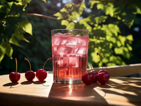 Cherry juice in a glass on a wooden table in the gardenの写真素材