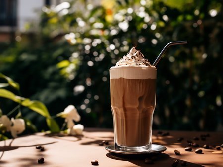 Iced coffee with whipped cream in a glass on the table.の写真素材